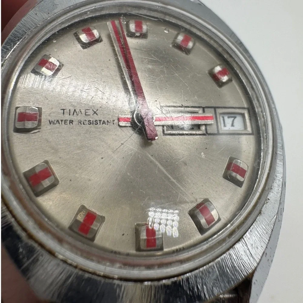 Vintage Timex Water Resistant Day Date Watch Red Markers Speidel Band 36mm